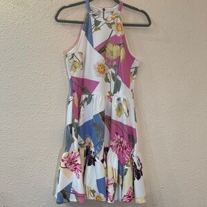 Ted Baker White Floral Halter Dress with Pink & Blue Accents